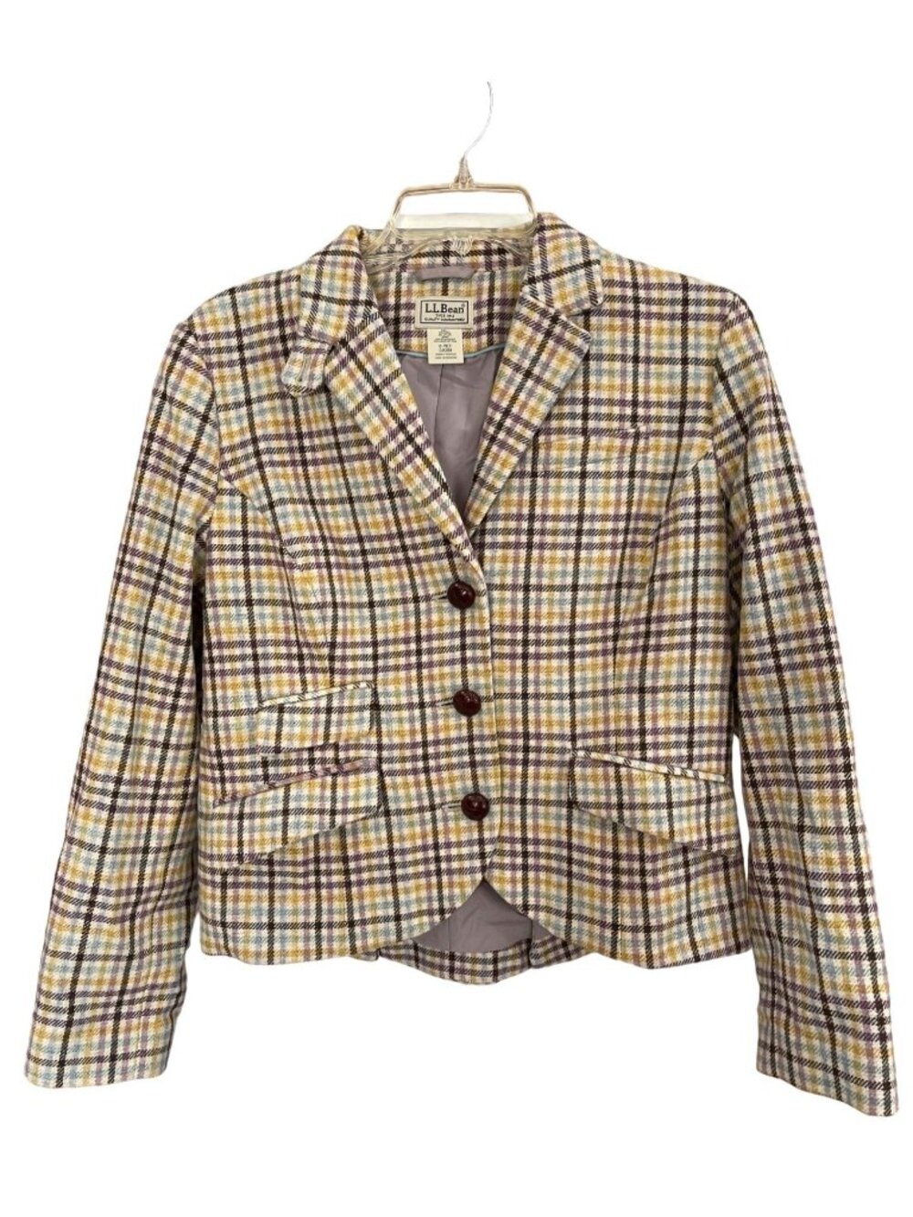 L.L.Bean Wool Blend Plaid Blazer Women's 8P Academia Button Jacket Multicolor